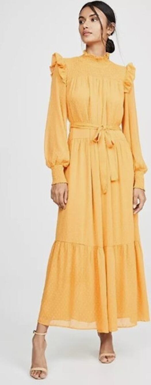 NWT English Factory Yellow Long Sleeve Swiss Dot Smocked Maxi Dress Womens Small